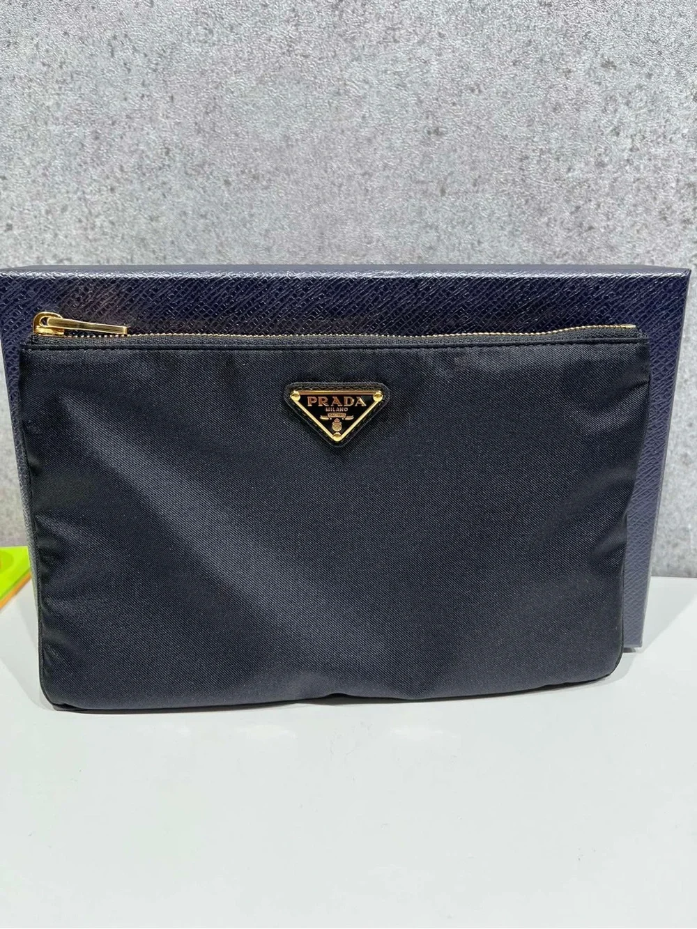 Prada Black Nylon Zip Pouch with Gold Triangle Logo Plate